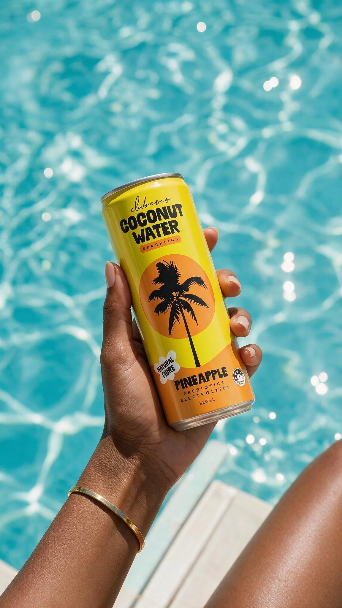 A hand holding a can of Club Coco sparkling coconut water and pineapple against a background with a swimming pool. The can is yellow with a black palm tree illustration.