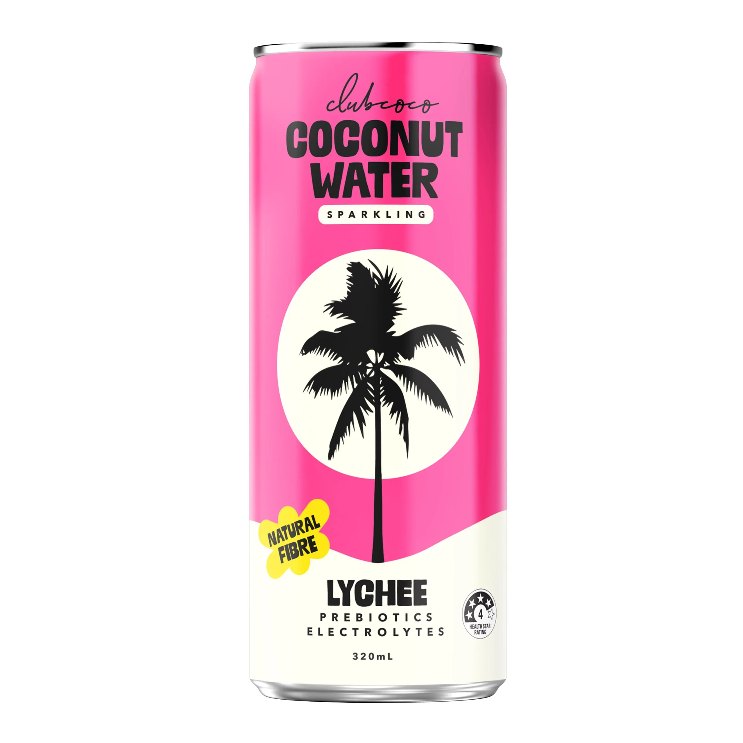 A can of Club Coco sparkling coconut water and lychee juice with a black palm tree silhouette on a white circle, pink background, and text indicating it is natural, with electrolytes, prebiotics, 320 mL size