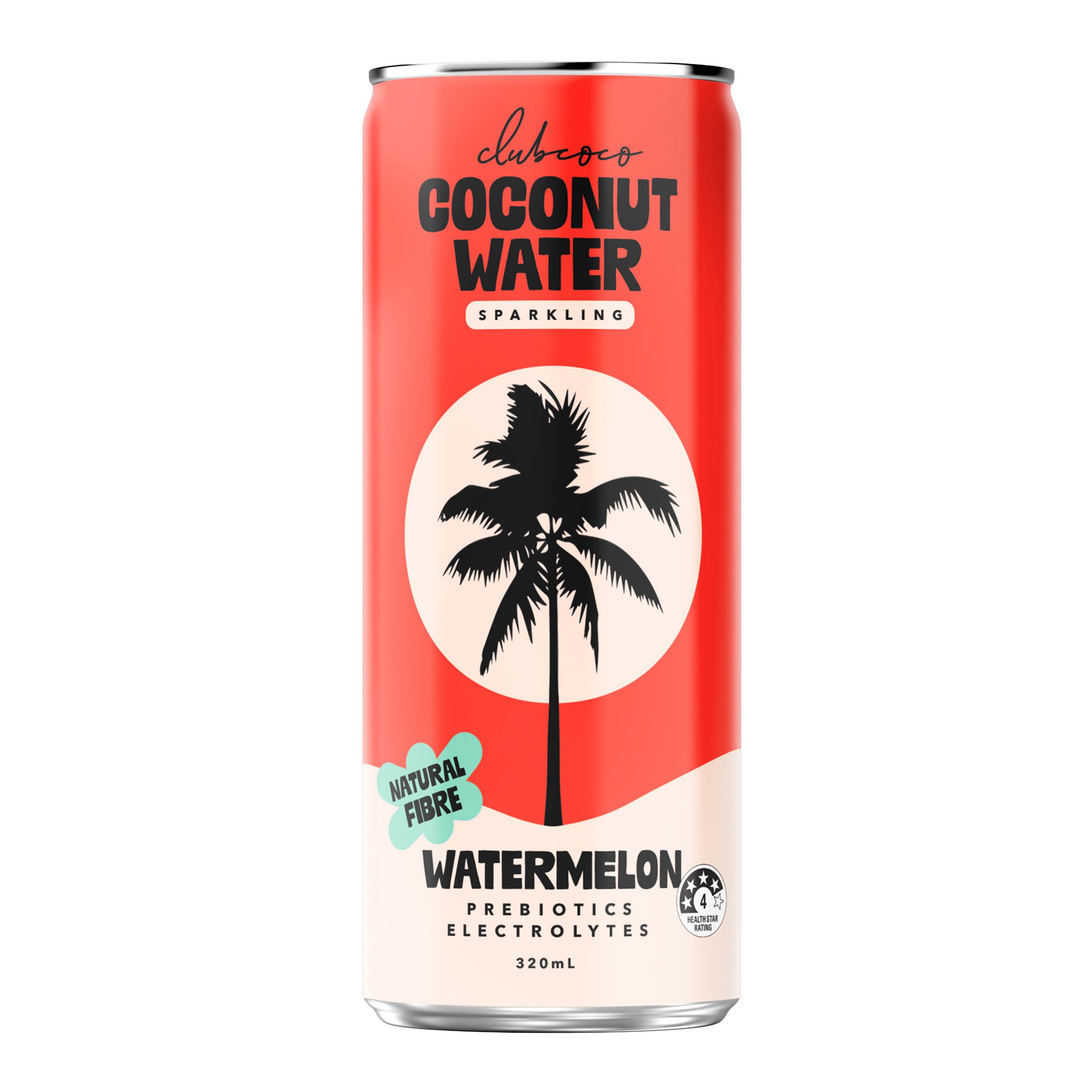 A can of Club Coco sparkling coconut water and watermelon juice in a can with a black palm tree silhouette on a light pine circle, red background, and text indicating it is natural, with electrolytes, prebiotics, 320 mL size.