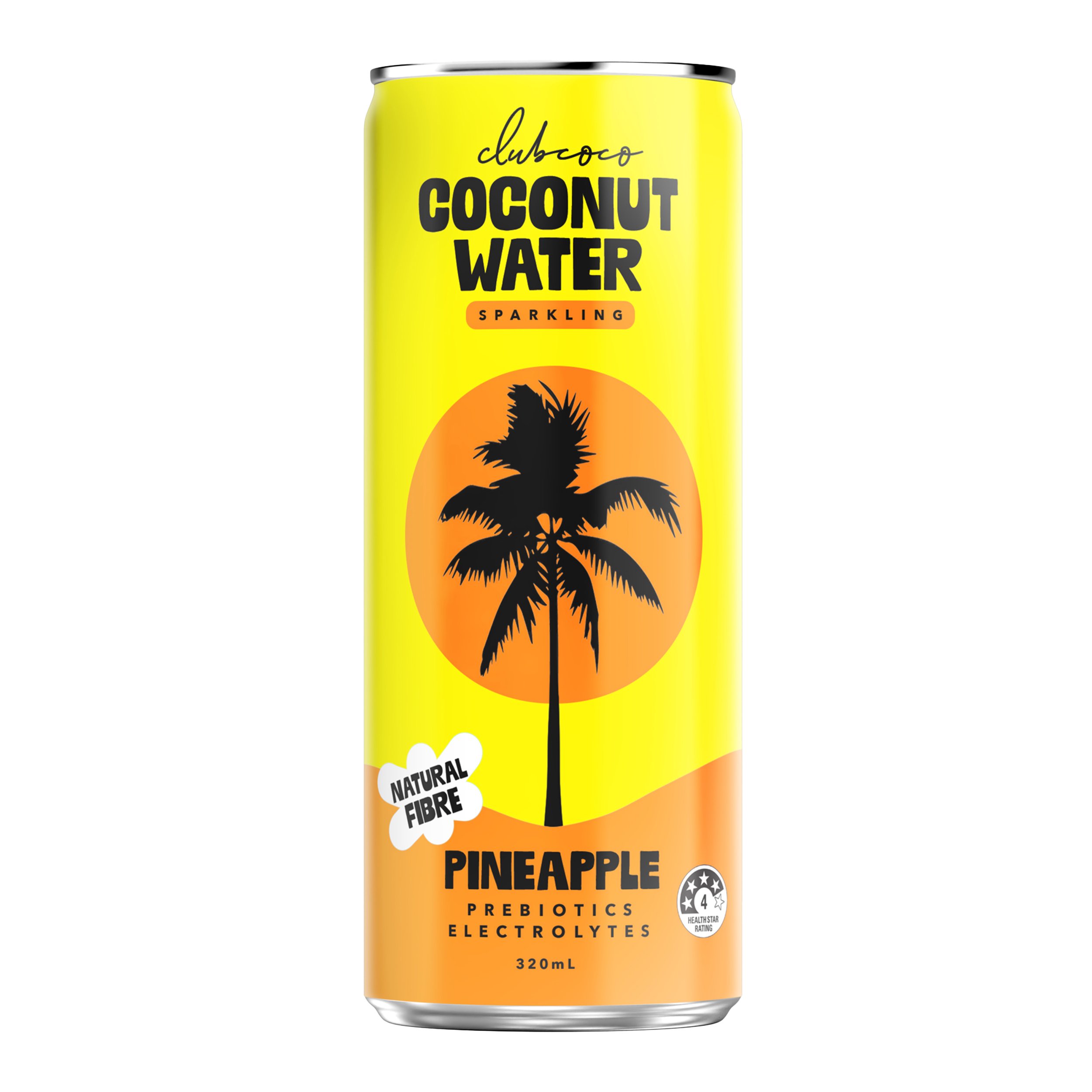 A can of Club Coco sparkling coconut water and pineapple juice with a black palm tree silhouette on an orange circle, yellow background, and text indicating it is natural, with electrolytes, prebiotics, 320 mL size