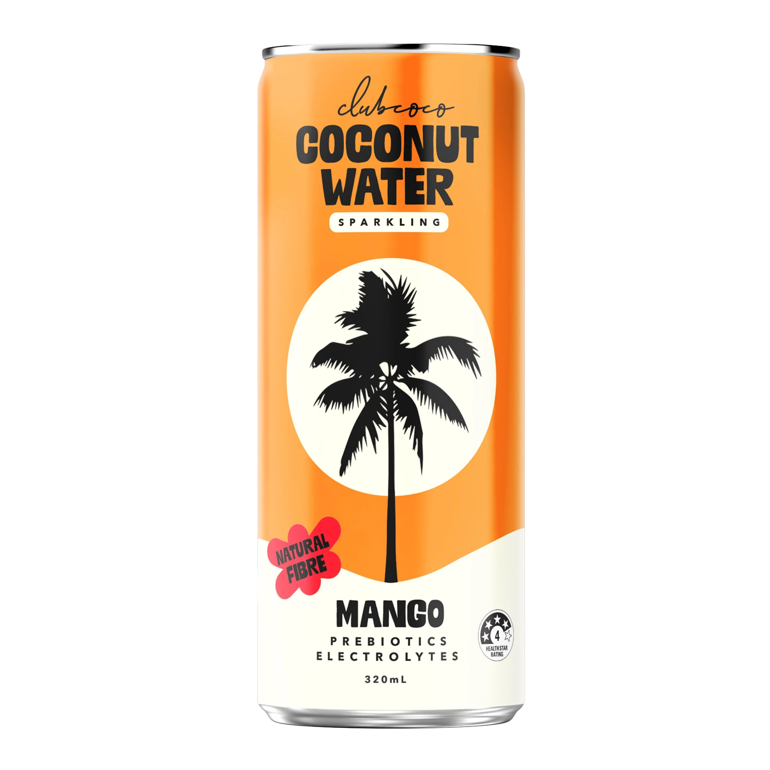 A can of Club Coco Sparkling coconut water and mango juice with a black palm tree silhouette on a white circle, orange background, and text indicating it is natural, with electrolytes, prebiotics, 320 mL size