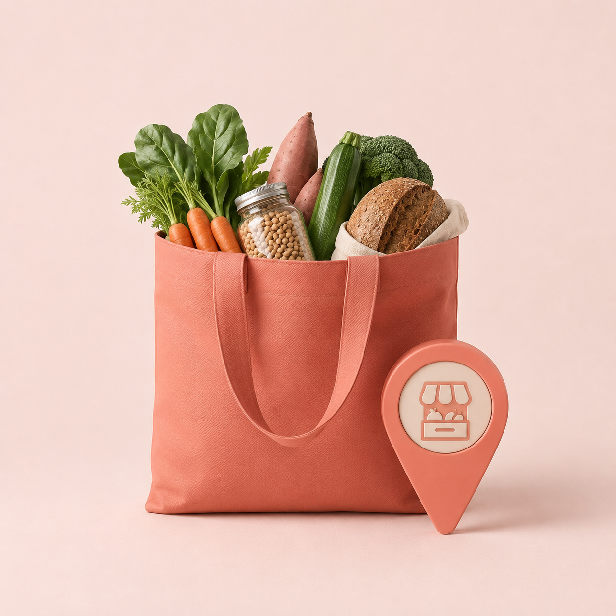 A pink reusable tote bag filled with fresh vegetables, a jar of beans, and a loaf of bread, with a pink locator pin icon in front.