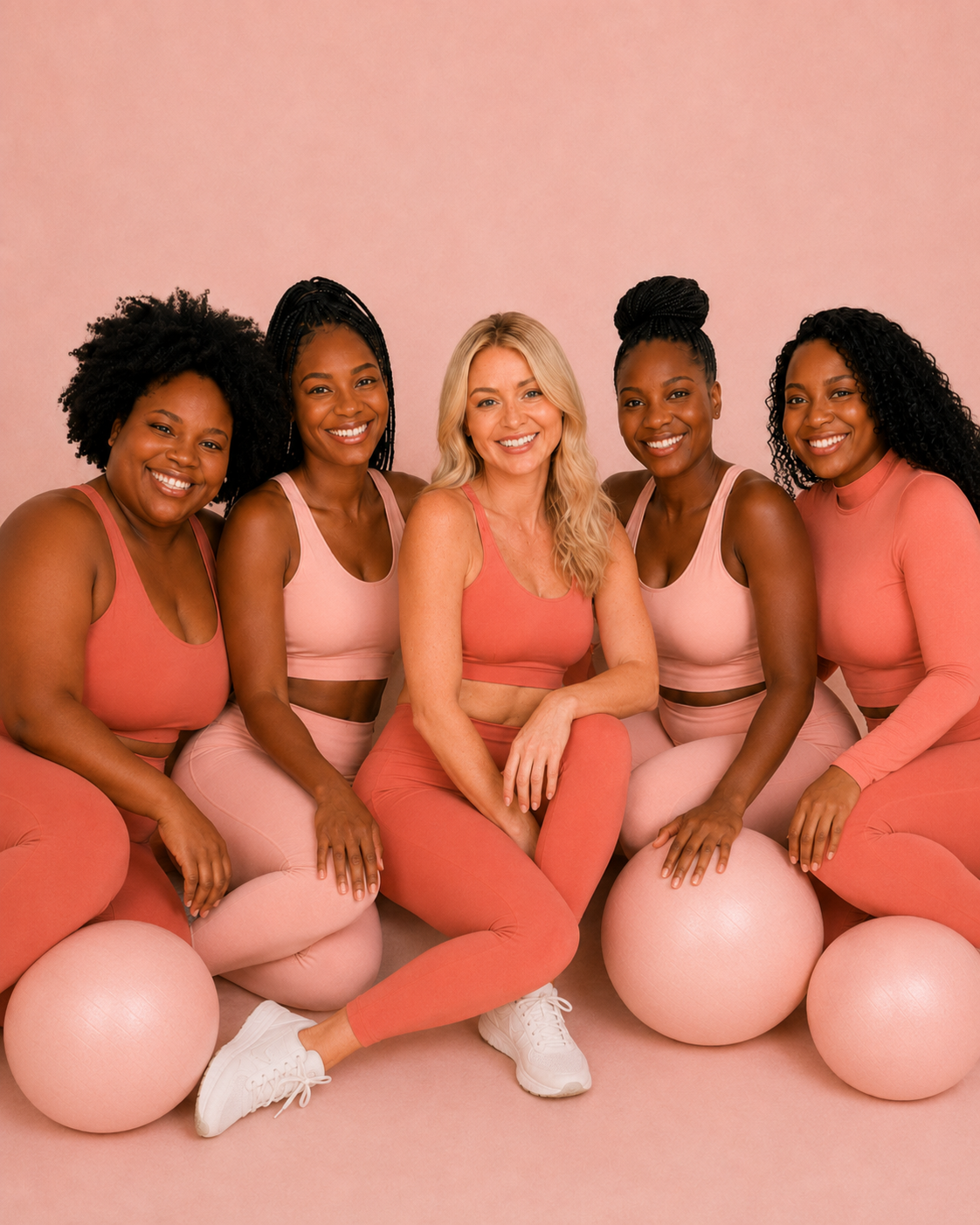 Group of five women smiling while sitting on pink exercise balls against pink background, wearing activewear in shades of pink and coral.