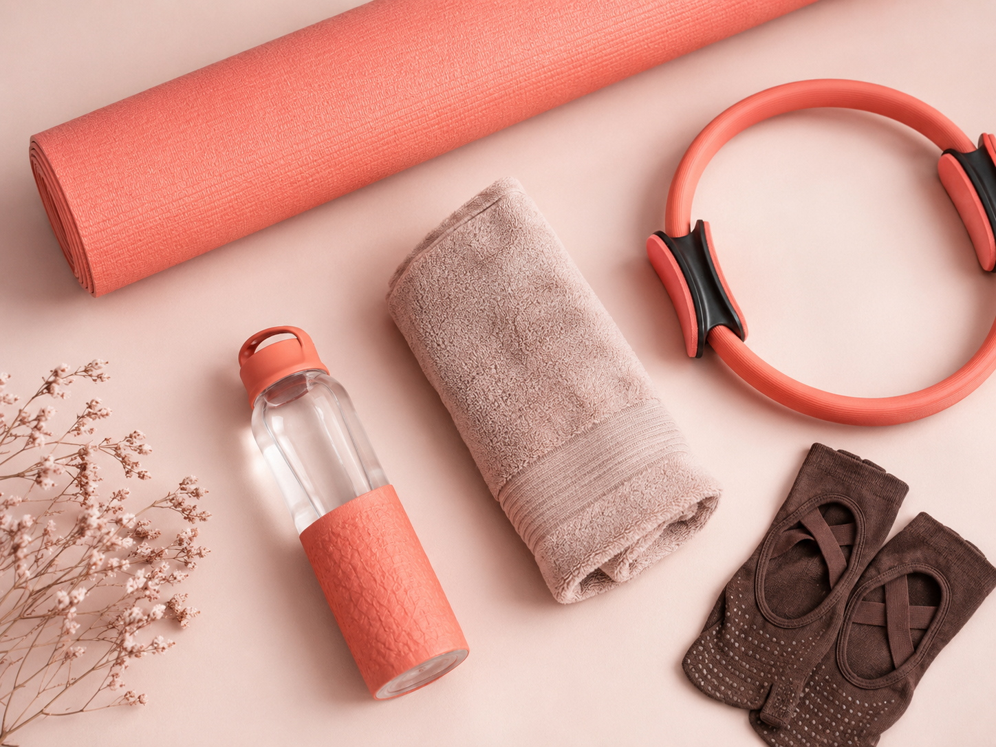 Workout essentials including a yoga mat, water bottle, towel, headband, socks, and resistance ring on a light pink background.
