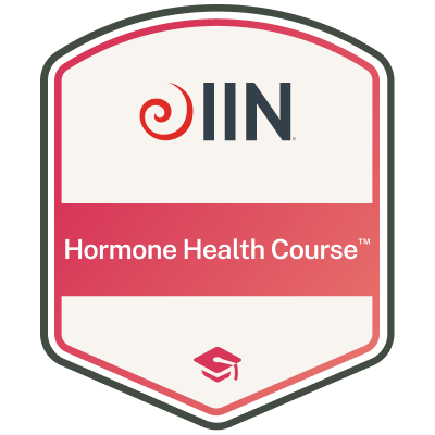 Logo for the IIN Hormone Health Course, featuring a red swirl and graduation cap icon.