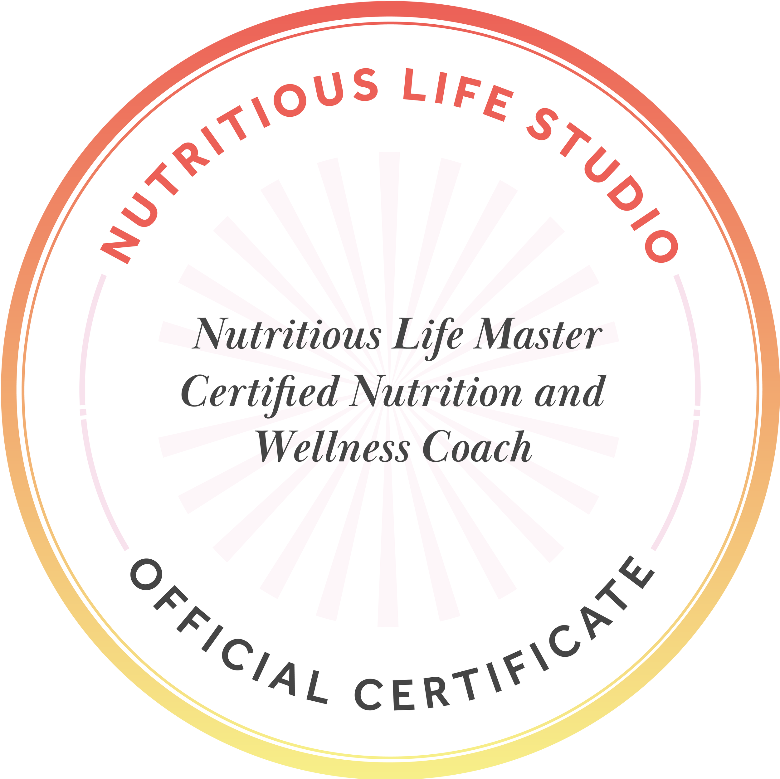 Close-up of a circular emblem with the words "Nutritious Life Style Stud" and "Certified Nutritional Coach" inside, featuring a gradient background from orange to yellow.
