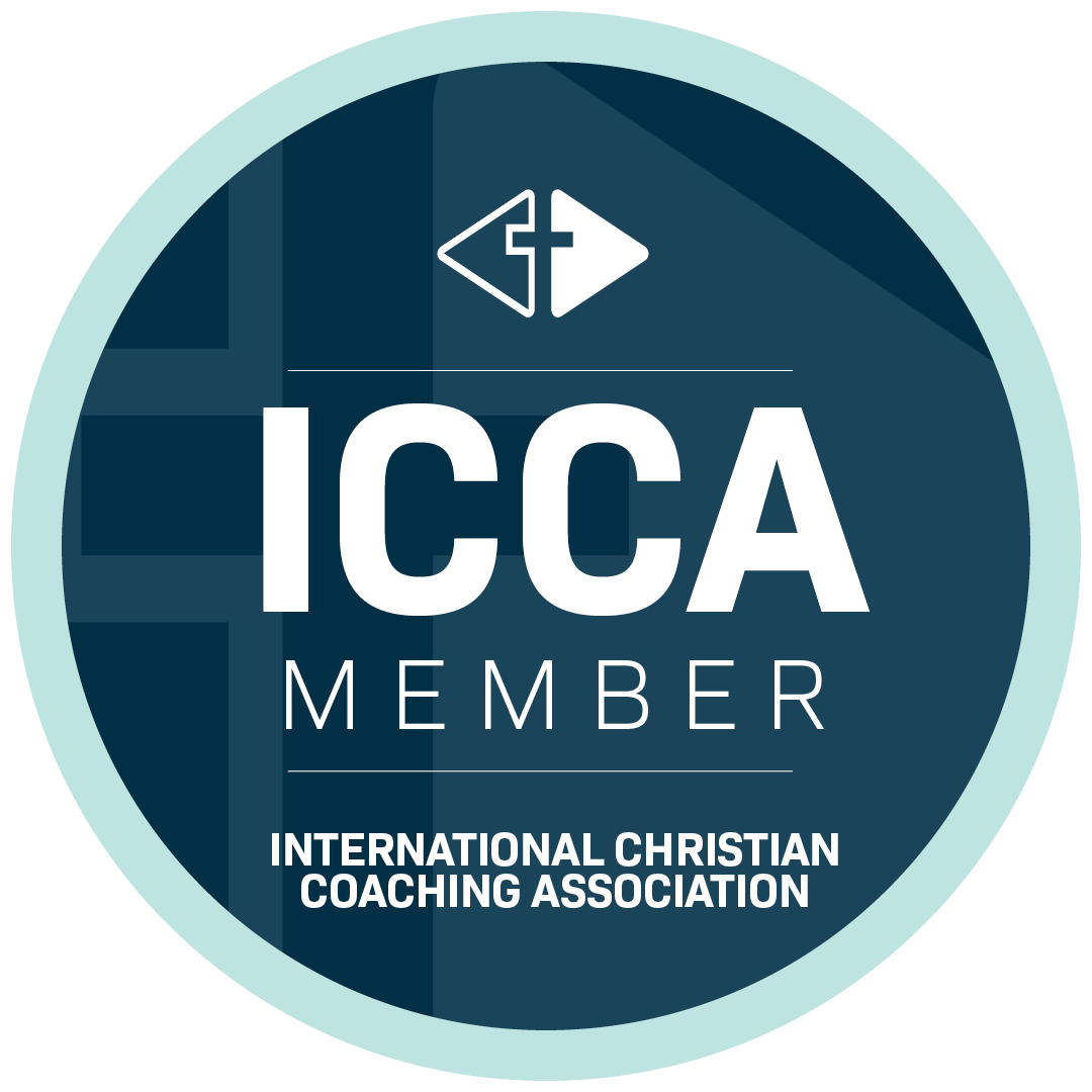ICCA Member badge for the International Christian Coaching Association with a circular blue background, white text, and a cross logo at the top