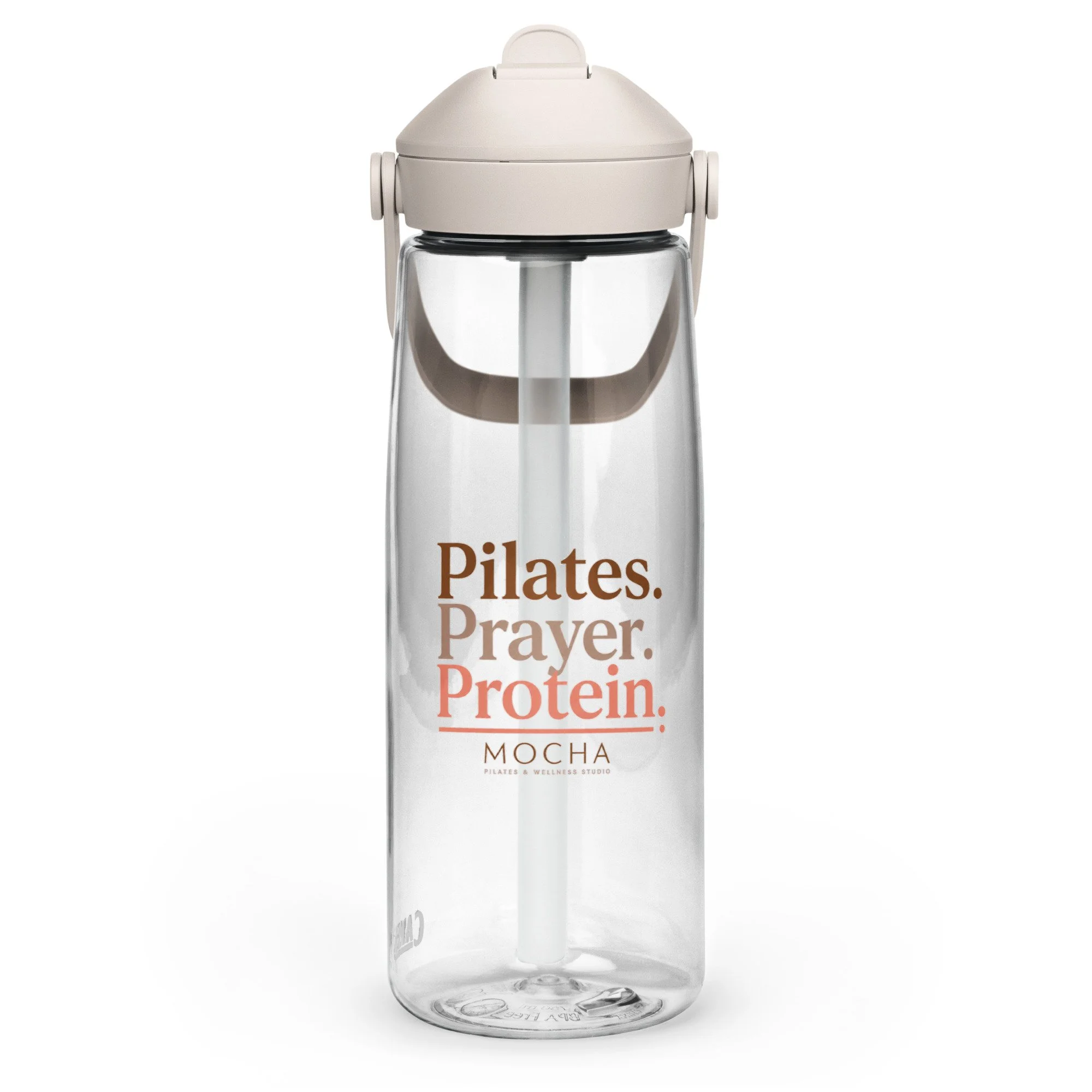 Pilates. Prayer. Protein. Flip Straw Water Bottle