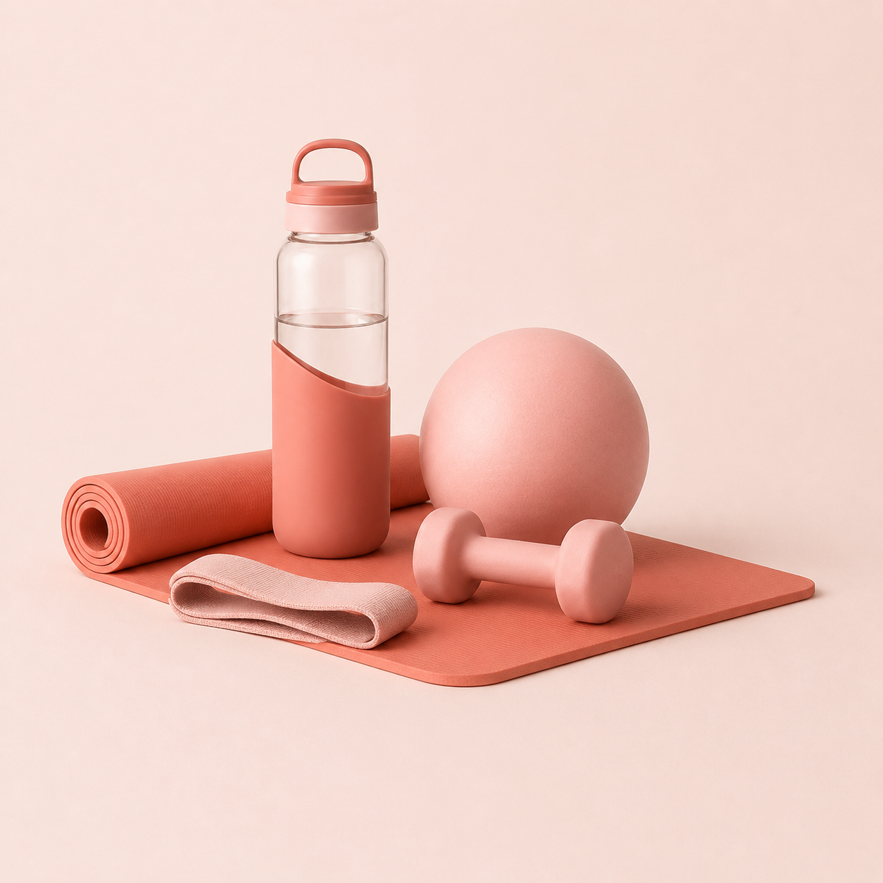 Pink yoga mat with pink water bottle, pink exercise ball, pink dumbbell, pink foam roller, and pink towel against a pink background.