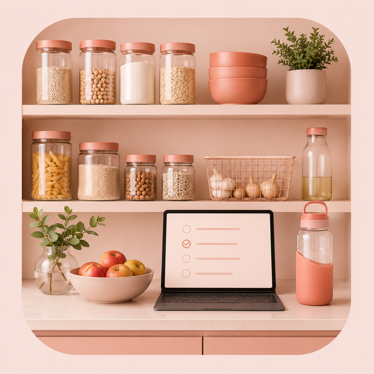 Pink kitchen shelf with jars of dry ingredients, a bowl of apples, garlic in a wire basket, a laptop with a checklist on the screen, a water bottle, and a potted plant.