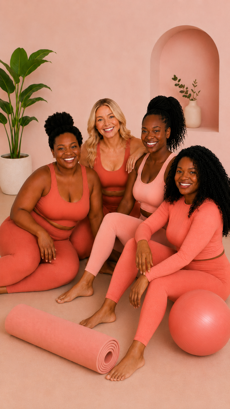 Four women in workout clothes sitting on a pink floor with yoga props, smiling at the camera, with a pink wall and plants in the background.