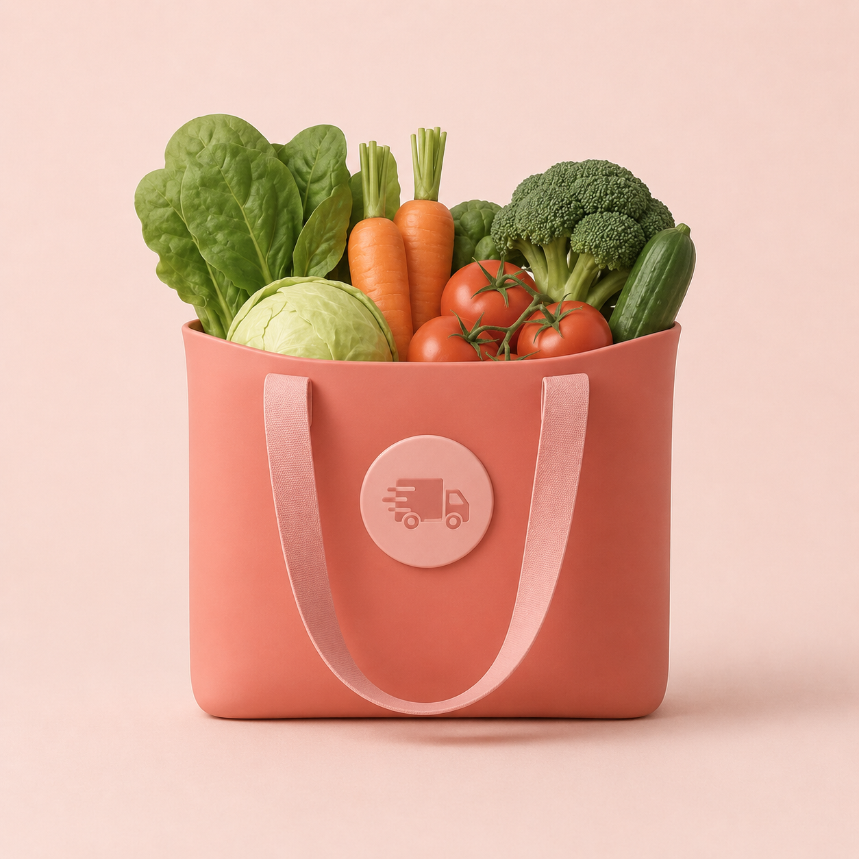 A pink reusable shopping bag filled with fresh vegetables including lettuce, carrots, tomatoes, broccoli, a zucchini, and a cabbage, with a delivery truck icon on the front.