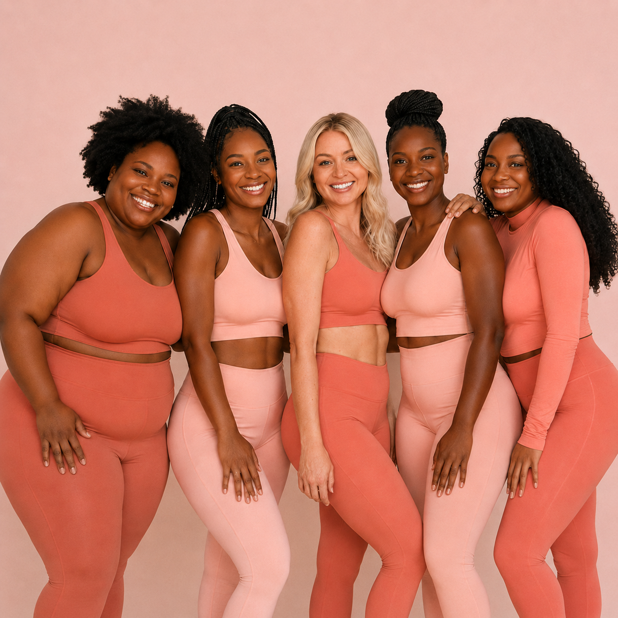 Group of five women smiling and standing together against a pale pink background, wearing matching pink and coral workout clothes.