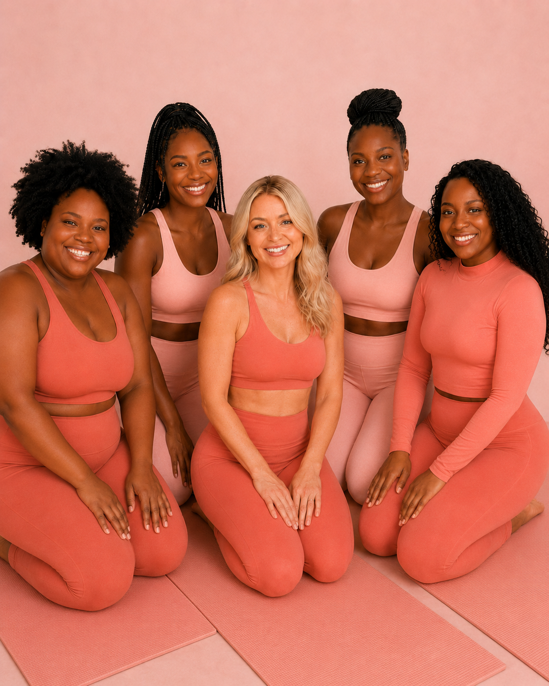 Group of five women in pink workout clothes, sitting and kneeling on pink mats against a pink background, smiling.