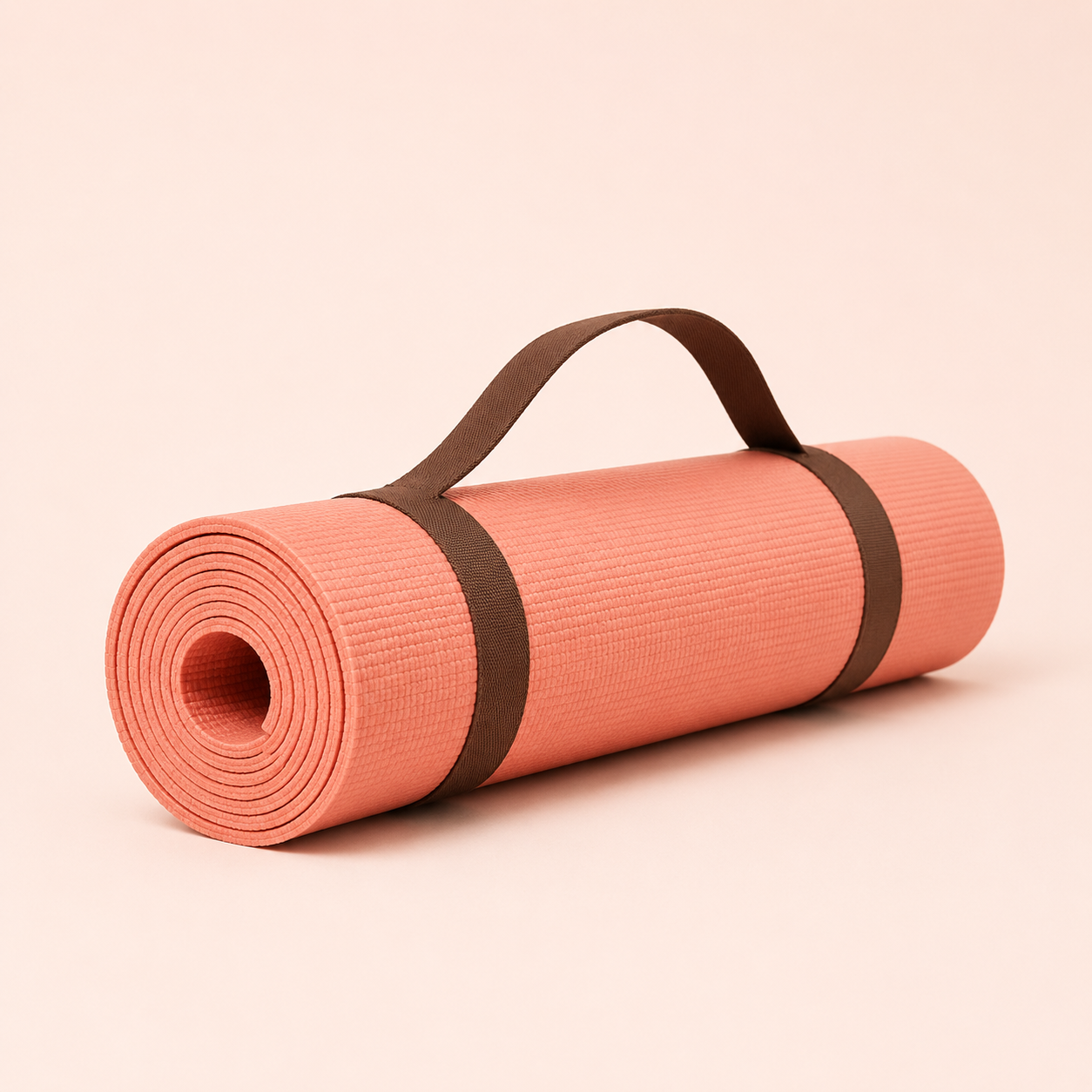 Pink rolled yoga mat with brown straps and handle on a light pink background.