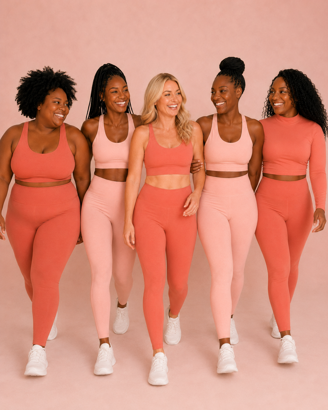 Group of five women walking together, smiling, wearing matching activewear in shades of pink and coral, and white sneakers, against a pink background.