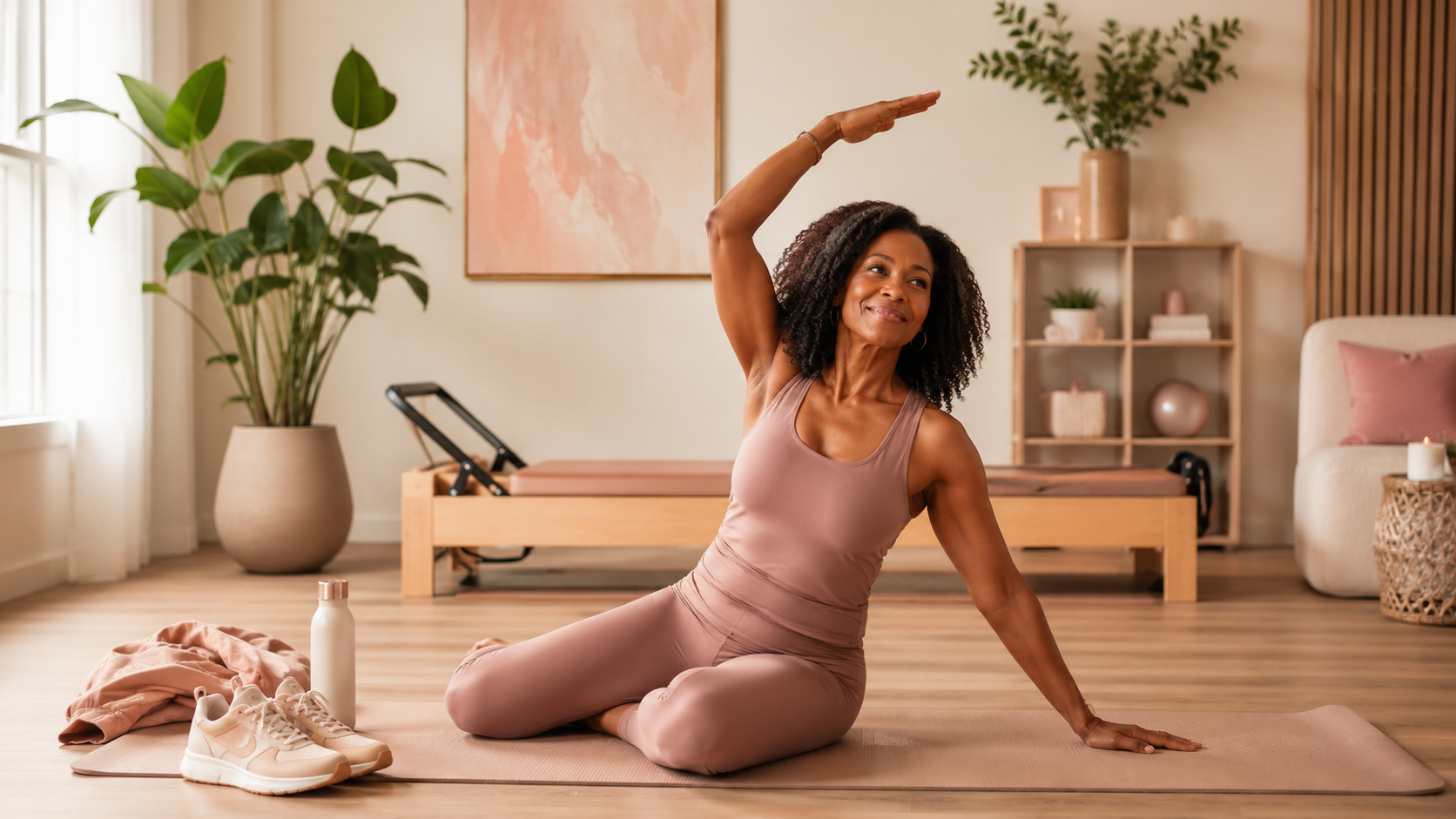 Woman over 40 doing Pilates at home as part of a beginner fitness routine