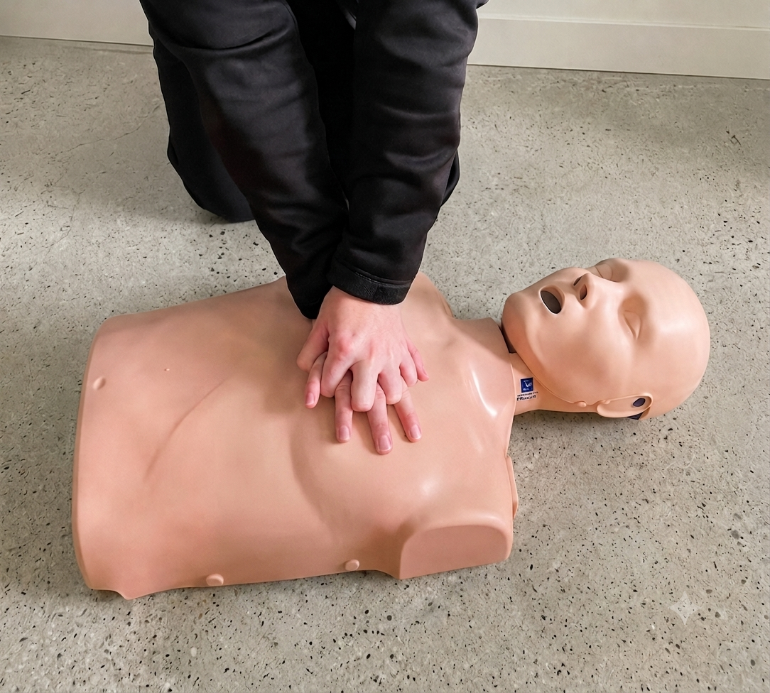 Person performing CPR on a training mannequin lying on the floor.