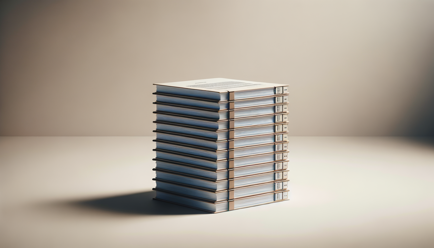 A tall stack of open notebooks or magazines with elastic bands around them, placed on a plain surface against a neutral background.
