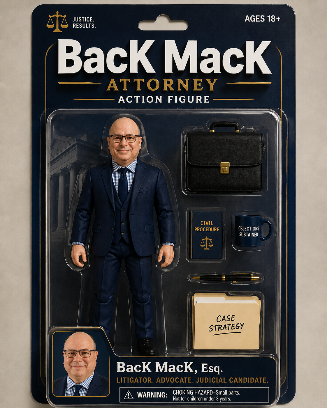 A toy action figure of a lawyer in a navy suit, glasses, and smiling face, surrounded by accessories including a briefcase, mug, legal book, folders, pen, and case strategy folder, all in packaging labeled "Back MacK Attorney Action Figure".