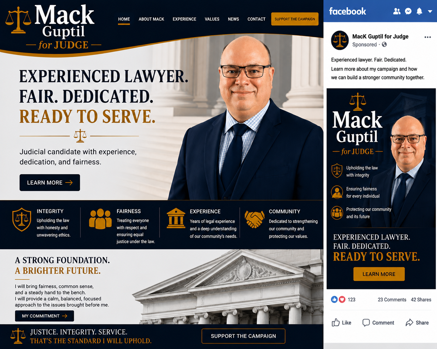 Campaign website for a judge candidate, Mack Guptil, featuring a large photo of him wearing a suit and glasses, with text emphasizing experience, fairness, and dedication. The site includes navigation links, campaign slogans, and icons representing integrity, fairness, experience, and community service.