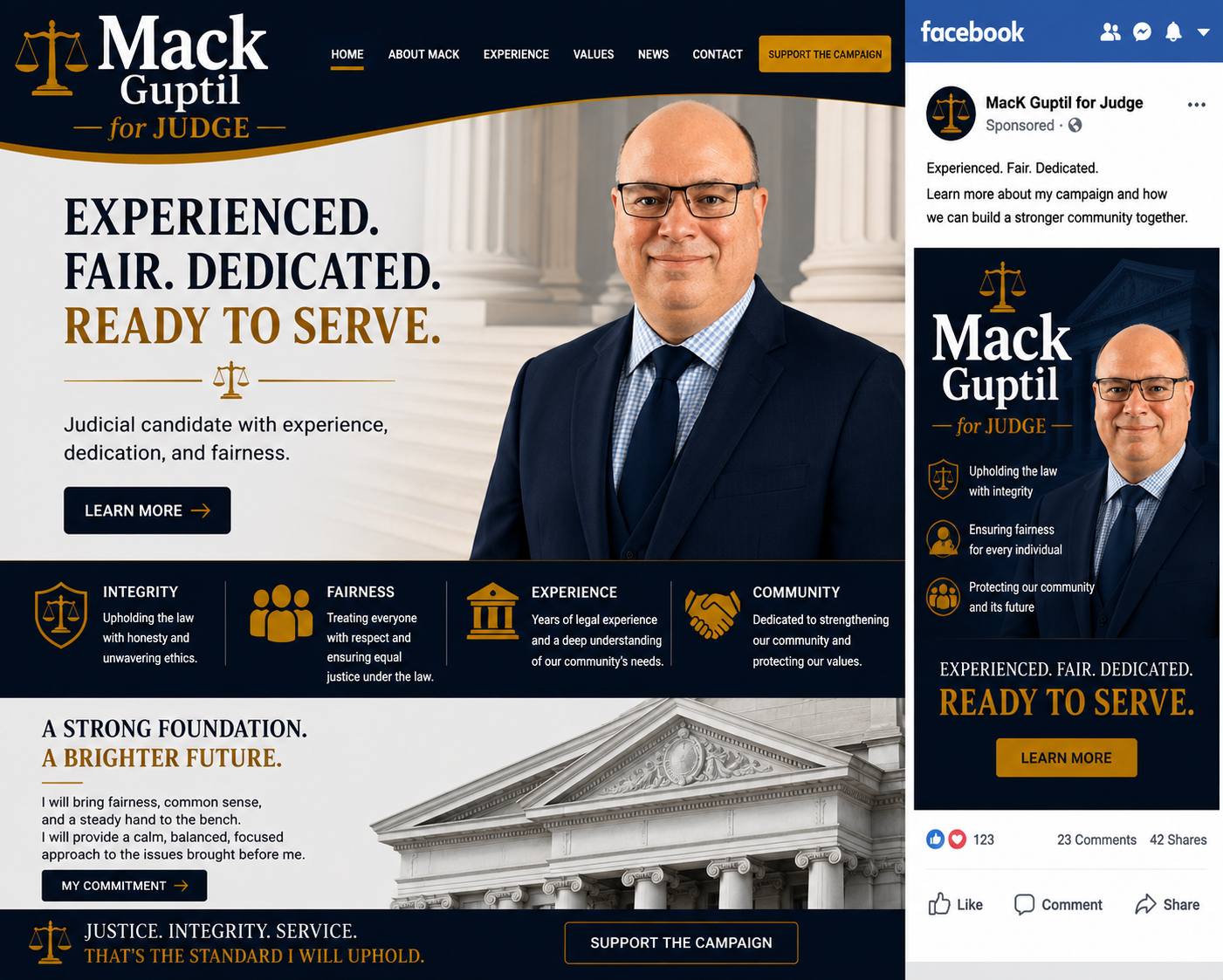 Website homepage for candidate Mack Guptil for judge featuring his photo, campaign slogans, and navigation menu.