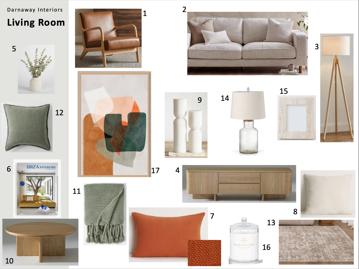 Collection of furniture and decor items for a living room, including a brown armchair, beige sofa with pillows, standing lamp, abstract wall art, vases, table lamps, picture frame, area rug, coffee table, throw blanket, cushion, scented candle, and a sideboard.
