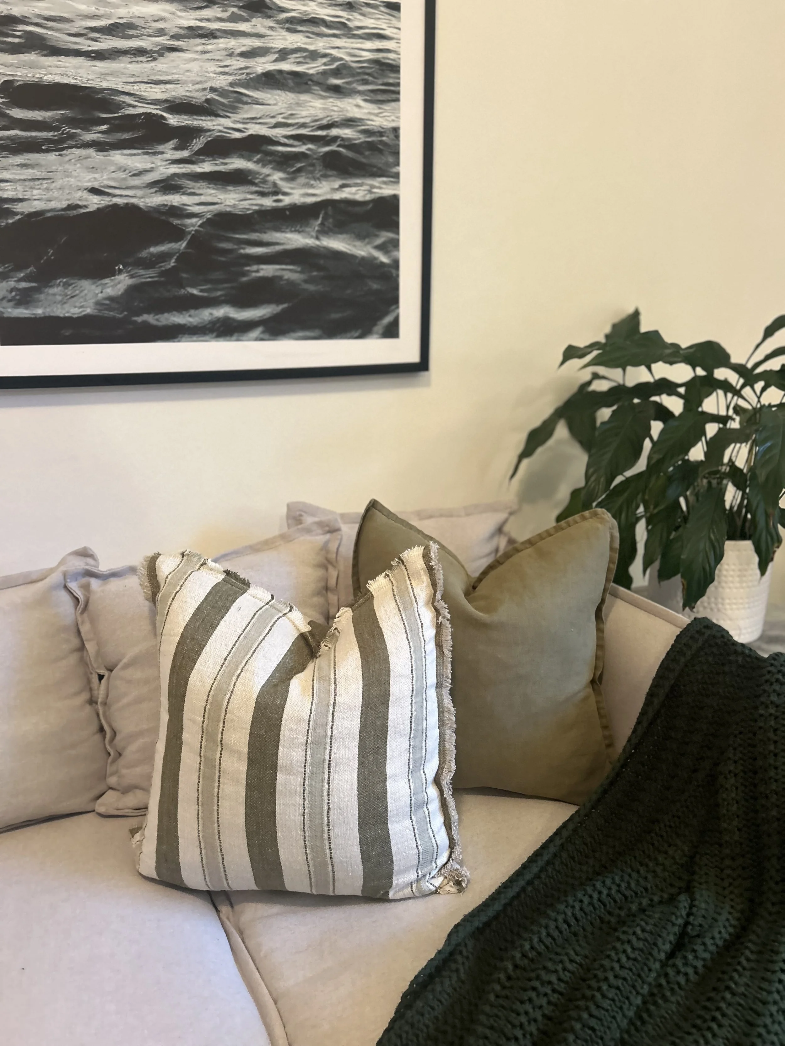 Close-up of a beige sofa with throw pillows, one with green and white stripes, and a black knitted blanket on the armrest, with a large framed black and white photo of water on the wall behind and a green houseplant in a white pot to the right.