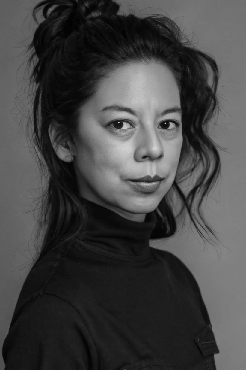 Black and white portrait of Coco Brown with wavy hair, wearing a high-neck shirt, looking directly at the camera.