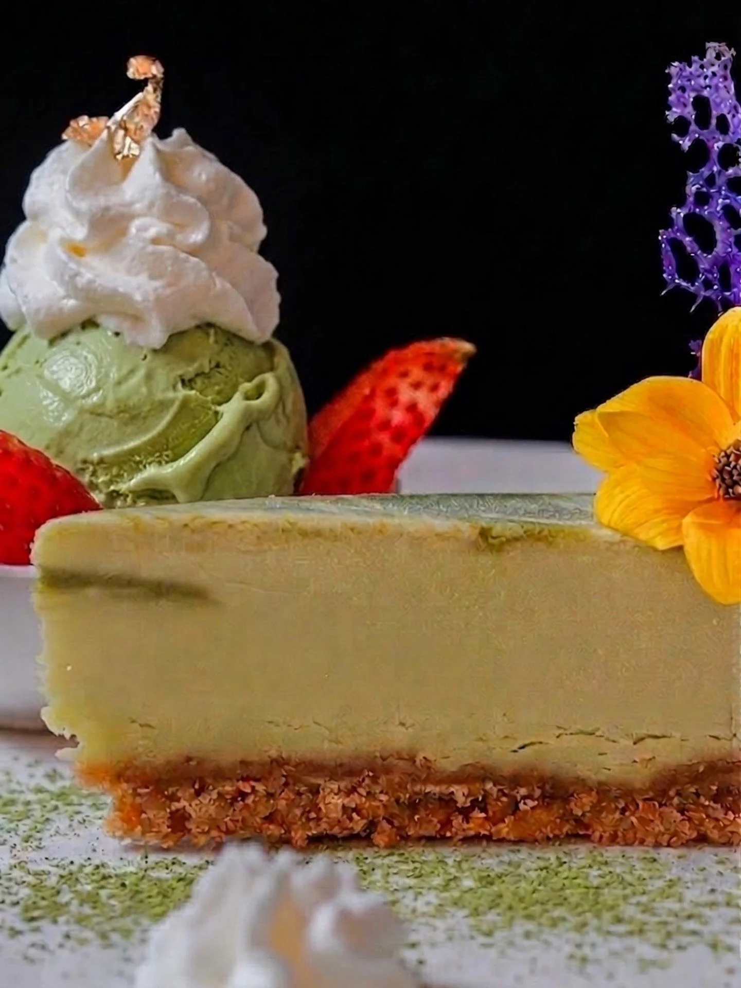 The ultimate pairing for green tea lovers. Indulge in our rich green tea cheesecake, perfectly complemented by a scoop of green tea ice cream.

Book your table through the link in our bio.