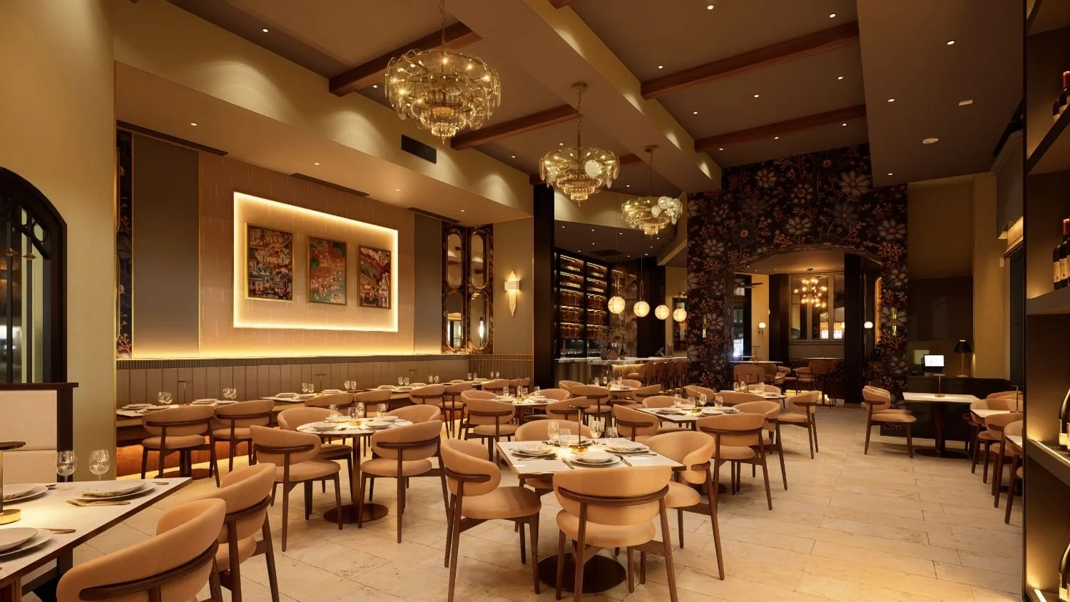Elegant restaurant with beige chairs, white tables set with glassware and plates, modern art on the wall, warm lighting, and dark floral accents.