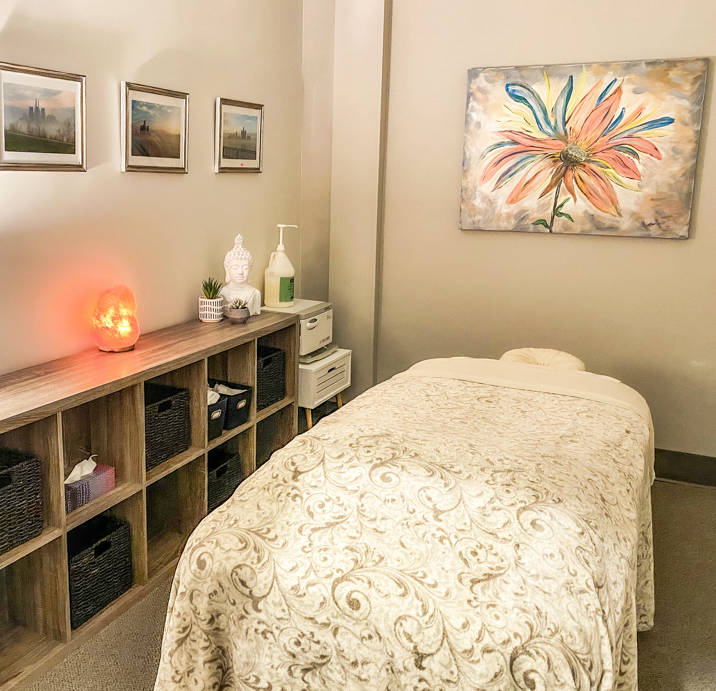 Massage treatment room at Lakewood Massage Therapy Clinic, with a treatment table and soft lighting.