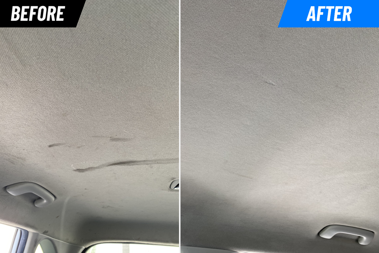 Comparison of car interior roof upholstery before and after cleaning, showing stains and dirt removal