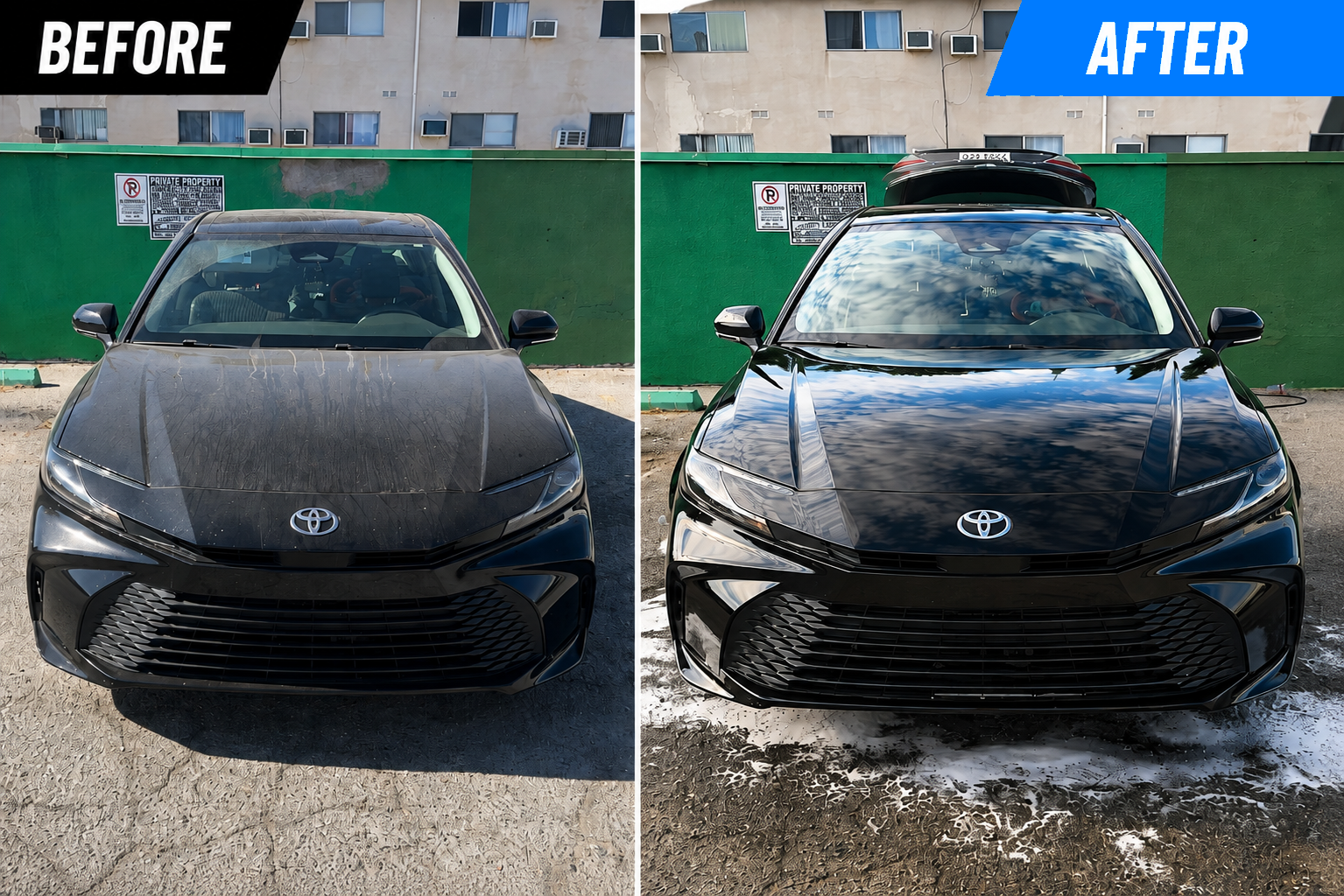 A side-by-side comparison of a black Toyota car before and after cleaning. The 'before' side shows a dirty, dusty car with visible dirt streaks on the hood. The 'after' side shows the same car clean and shiny, with a reflective surface showing clouds