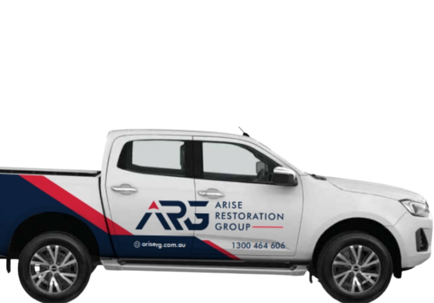 White pickup truck with logo and text for Arise Restoration Group on the side, including the website address arisrg.com.au and phone number 1300 464 606, set against a plain background.