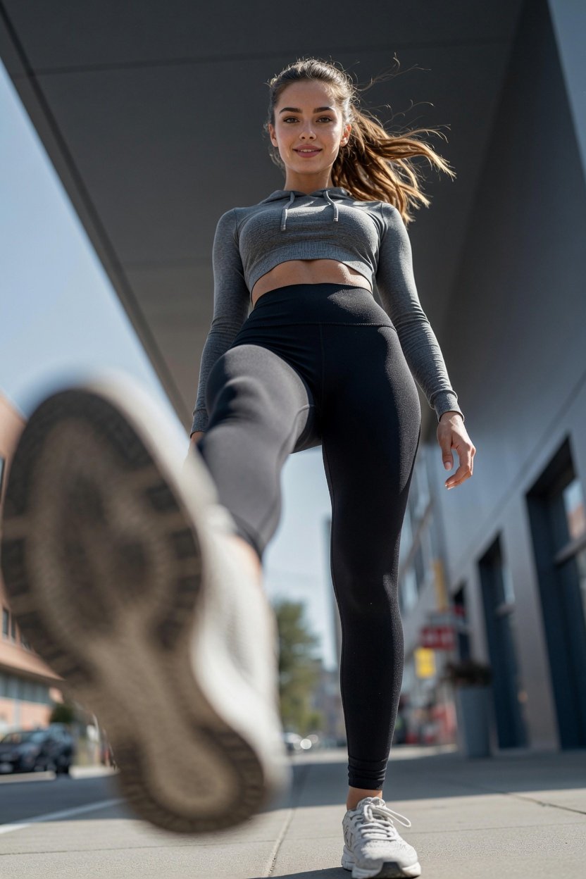 Young woman in workout clothes performing a high kick with her foot close to the camera, smiling, outdoors on a city sidewalk.