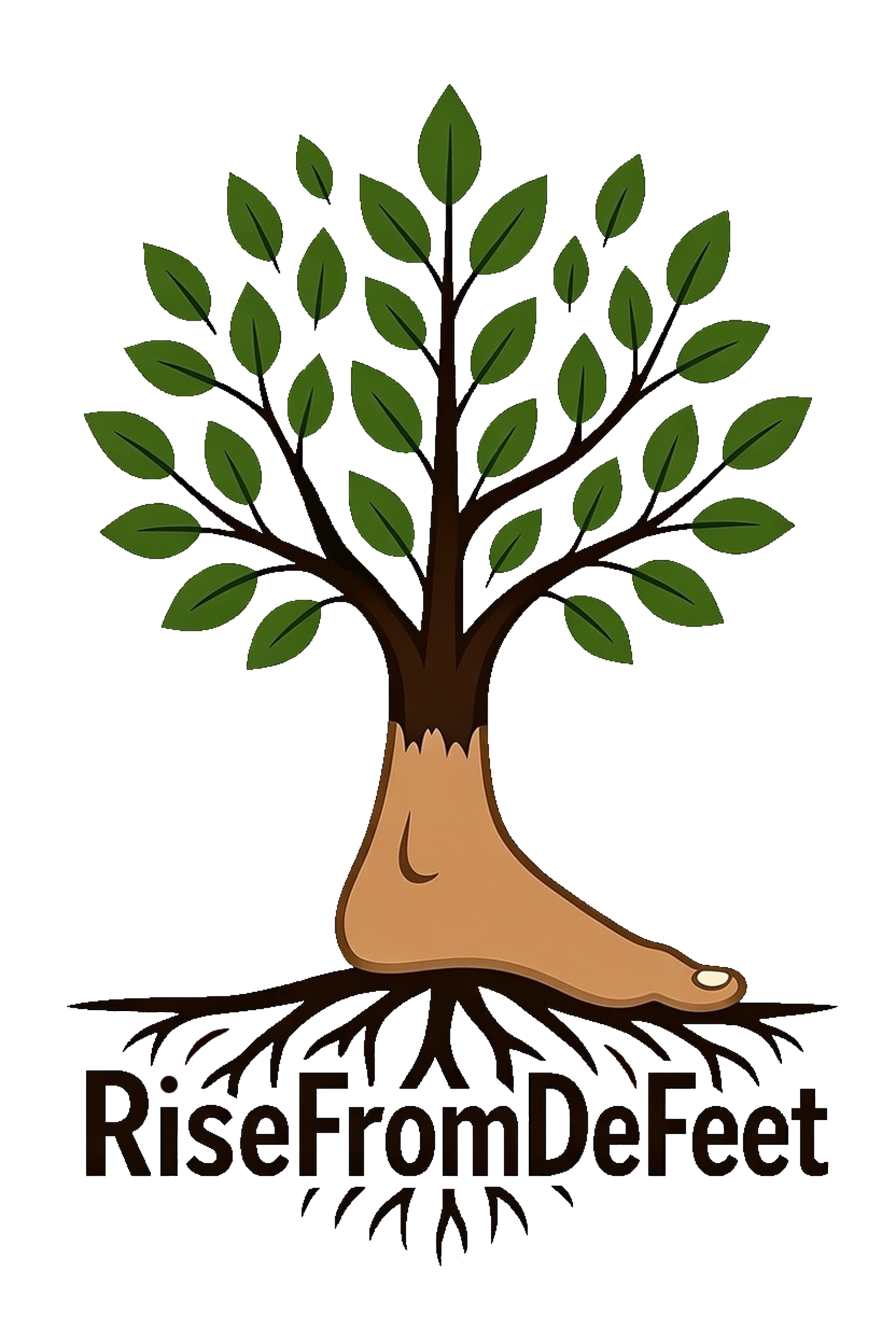 A tree with green leaves and dark brown trunk with the words "Rise from Defeat" below it.
