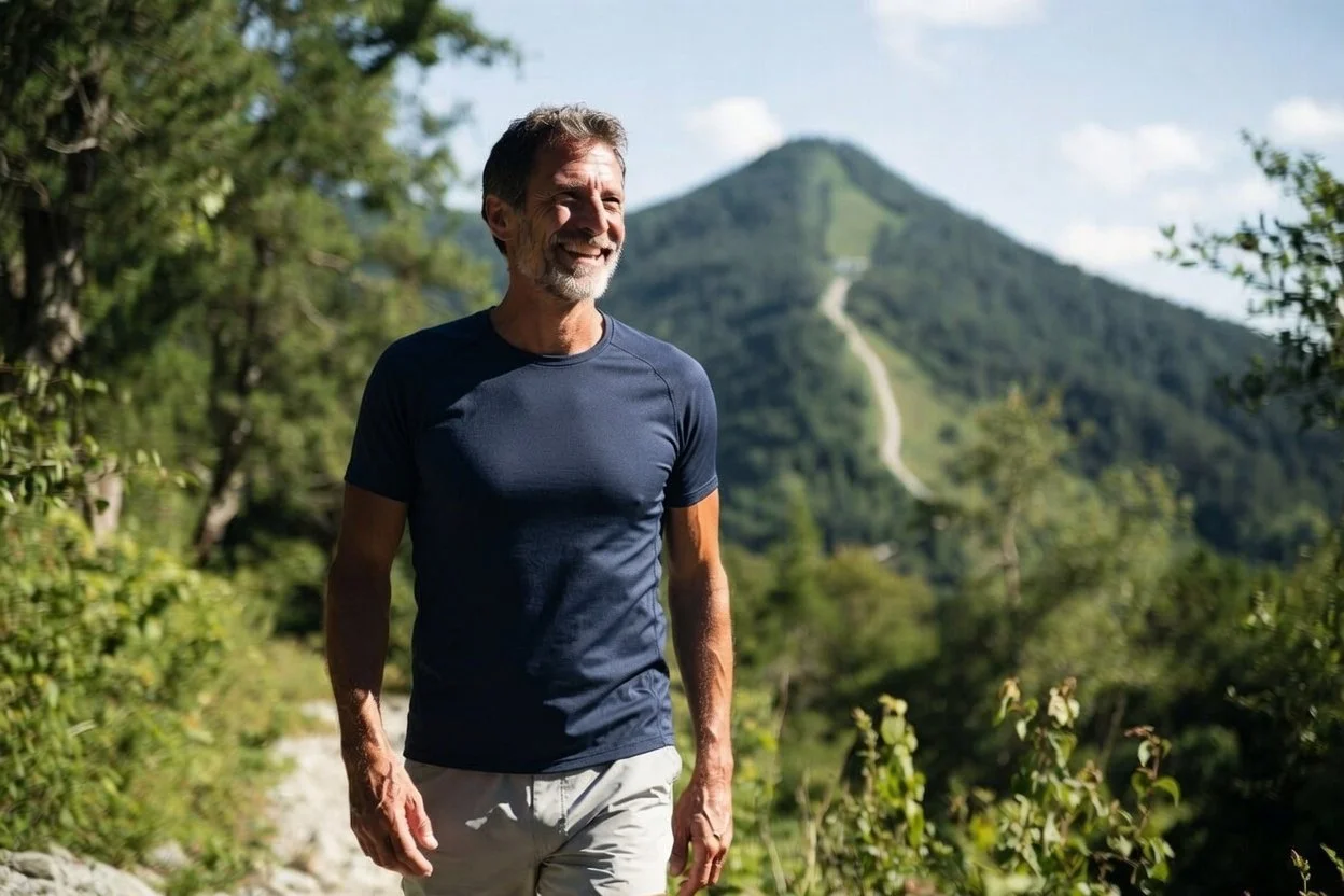 A middle-aged man with a beard in a navy t-shirt and light shorts walking on a trail in a lush green outdoor setting with trees and a mountain in the background.