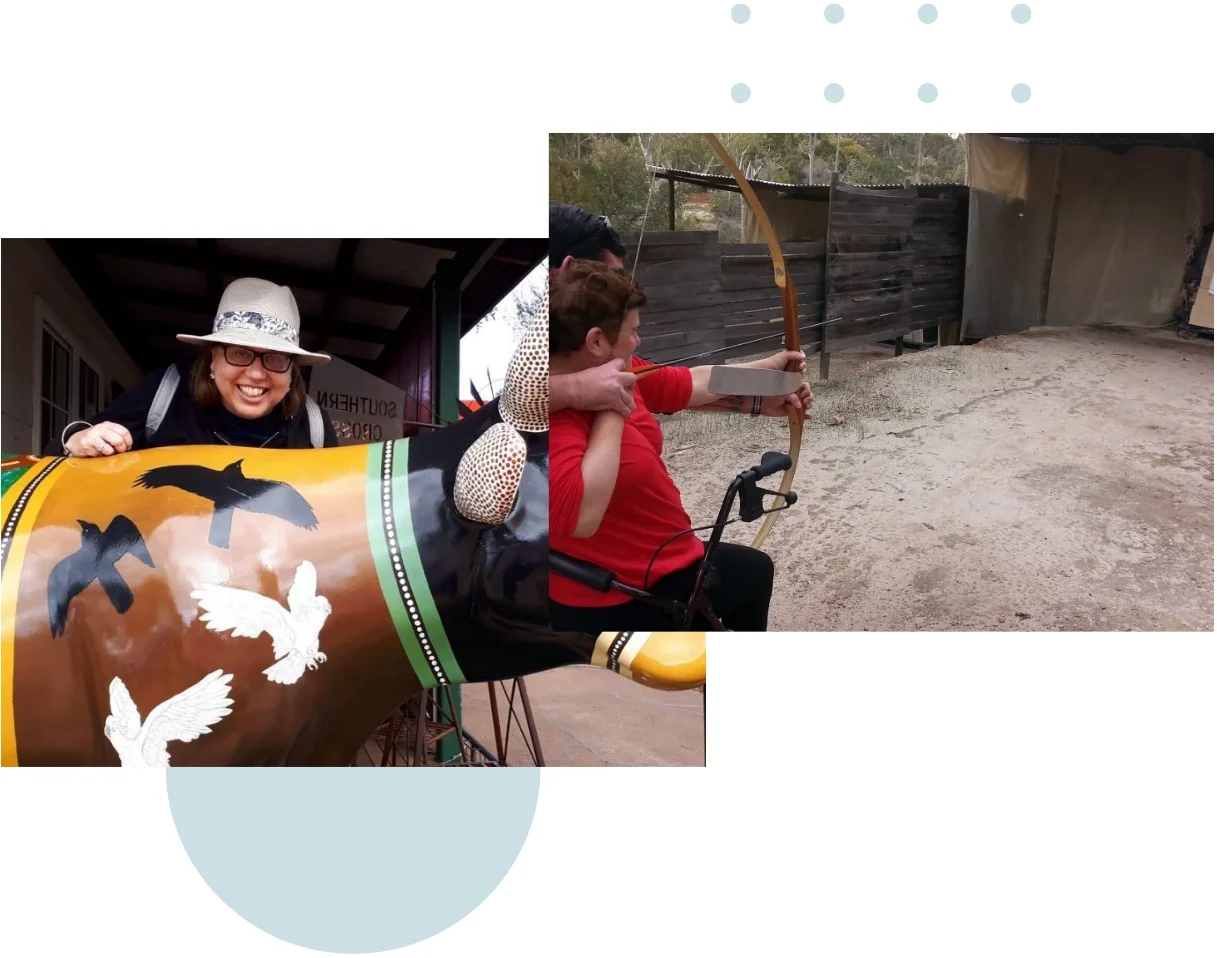 A woman smiling and wearing a hat is positioned behind a large colorful cannon with bird illustrations. To her right, a young girl in a red shirt is taking aim with a bow and arrow in an outdoor setting with a dirt ground and wooden fencing.
