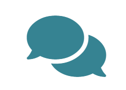 Two overlapping speech bubbles, one slightly larger than the other, in a teal color.