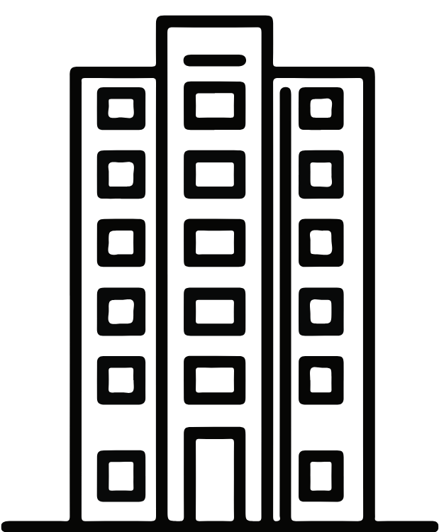 Black and white outline illustration of three tall buildings with multiple windows, resembling an urban skyline.