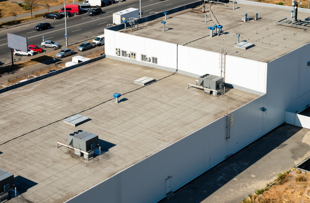 Aerial view of a commercial building's flat roof with HVAC units, vents, and vents pipes, with a parking lot and street with cars in the background.
