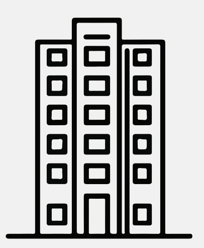 Black and white line drawing of a multi-story building with a central entrance and three sections of windows.