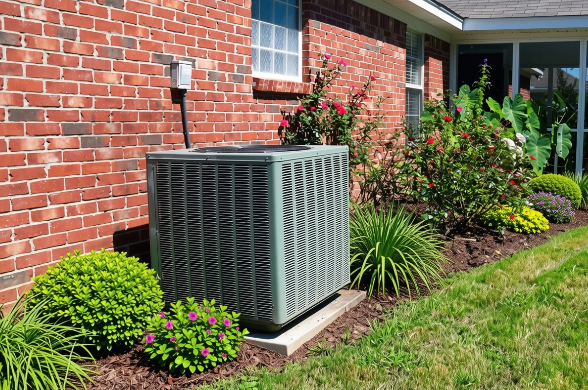 A central air conditioning unit outside a brick house with a garden of colorful flowers and green plants.