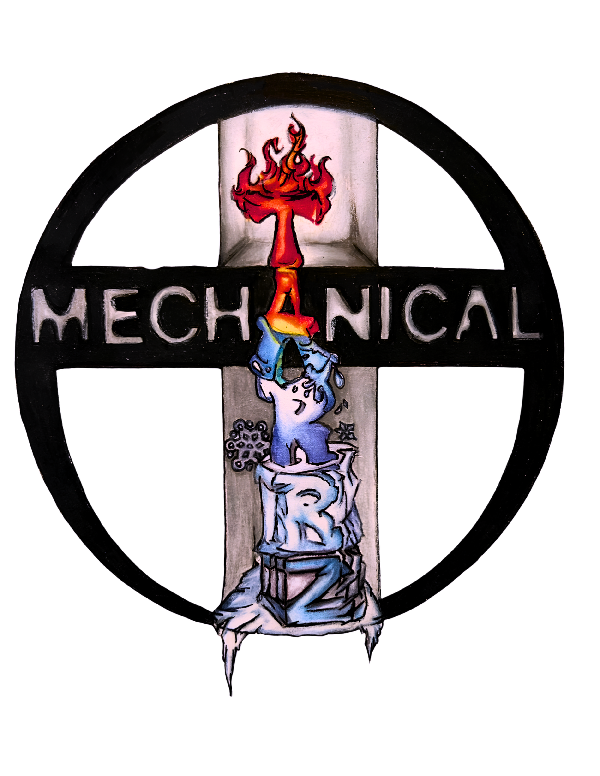 The logo of a mechanics shop featuring a painted cross with a flaming torch and a cartoonish white dog with a rainbow-colored tail standing on its hind legs.