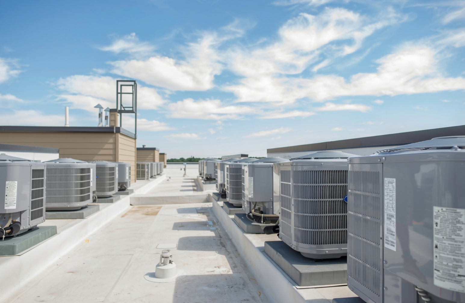 Multiple HVAC units installed on a building rooftop under a partly cloudy sky.