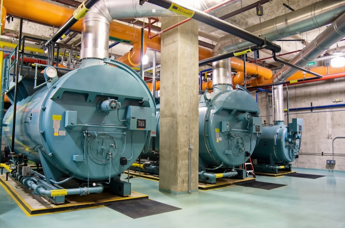 Three large industrial boilers in a utility room with exposed pipes and concrete walls.