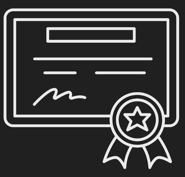 Line drawing of a certificate or award with a ribbon badge featuring a star.