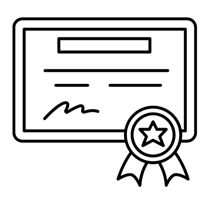 Outline illustration of a certificate with a ribbon and star emblem.
