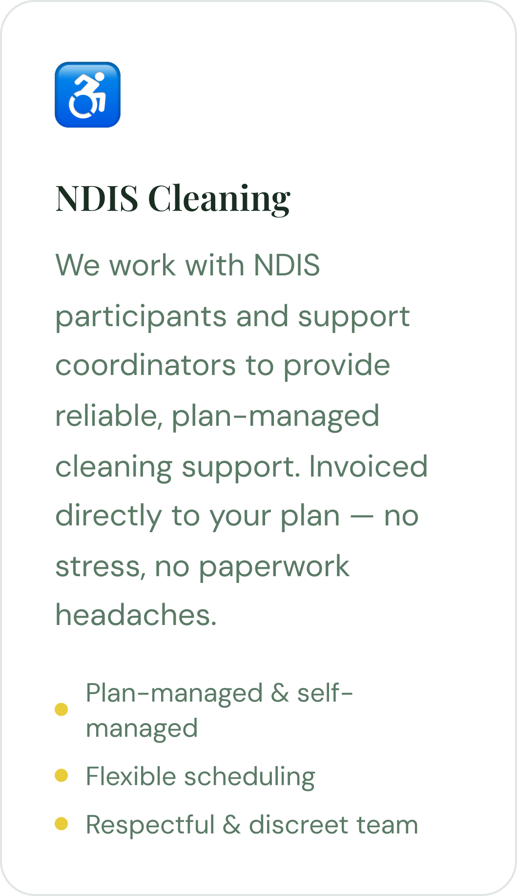 Information about NDIS cleaning services, including working with participants and support coordinators, and benefits like stress-free, plan-managed cleaning support.